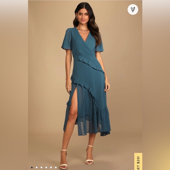 Lulu's Next to You Slate Blue Swiss Dot Ruffled Midi Dress - Picture 1 of 6